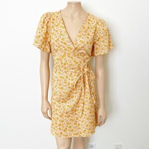 [Madewell] Yellow Fiore Floral Print Short Sleeve V-Neck Wrap Mini Dress Large L